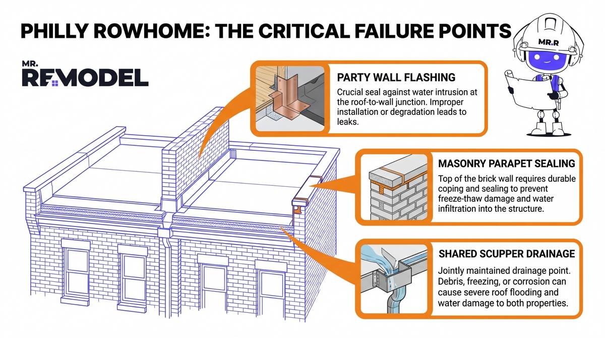 A technical roofing infographic for Philadelphia rowhomes, highlighting party walls and shared drainage zones as critical areas for professional flashing and maintenance.